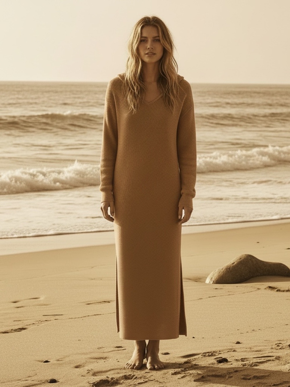 Free People | Brown knit hooded maxi sweater dress size extra small